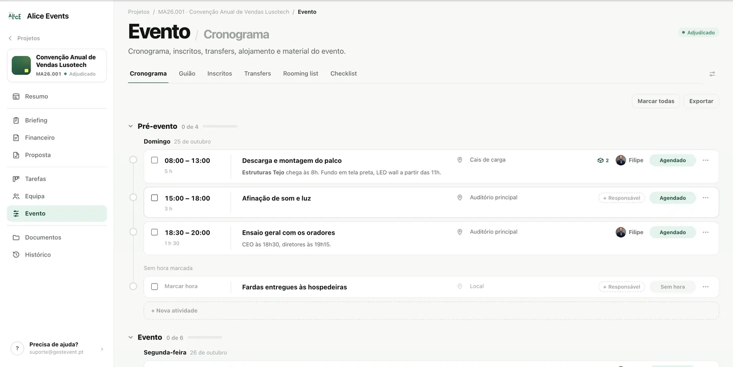 O cronograma: pré-evento, evento e pós-evento, cada atividade com hora, local, responsável e estado.